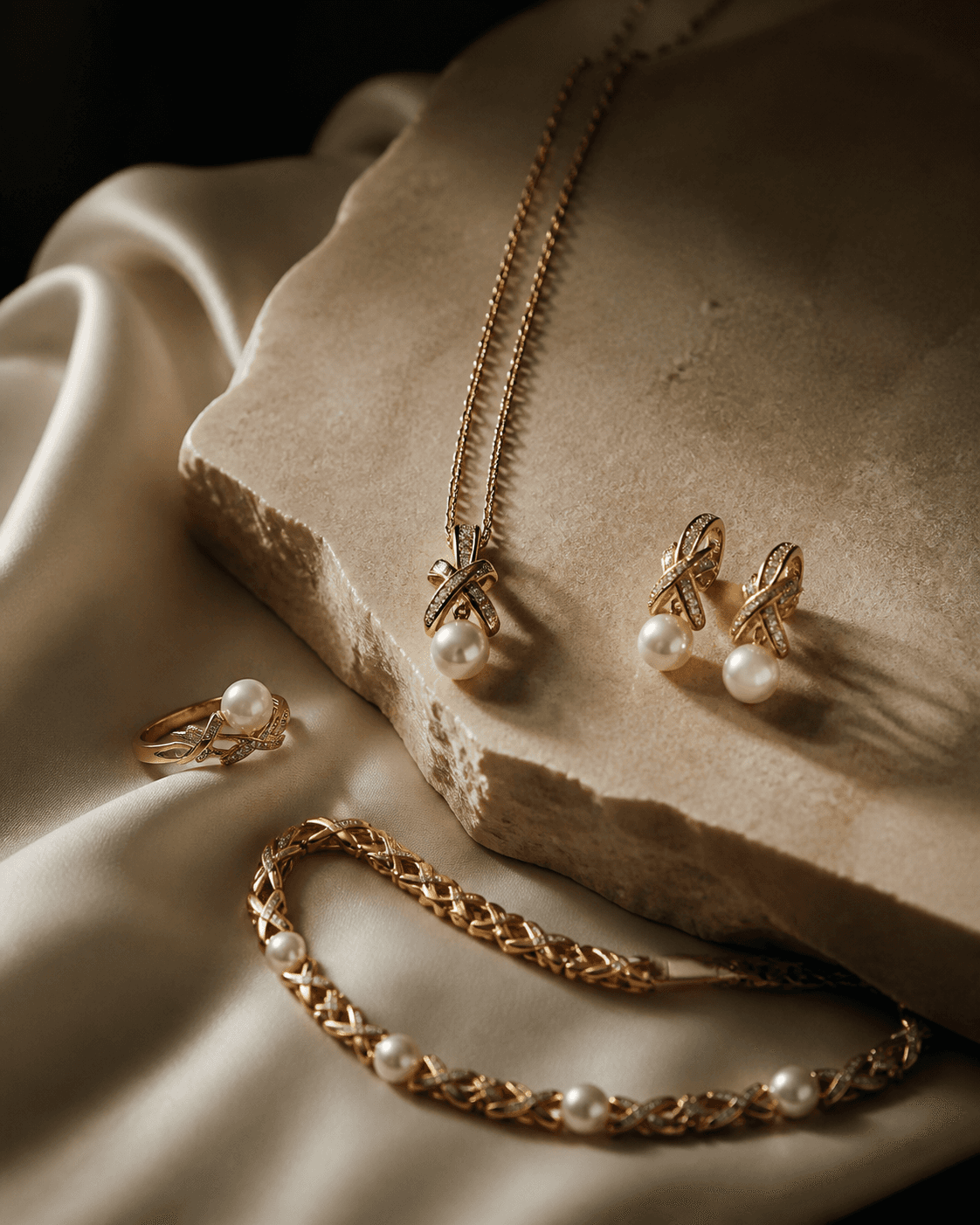 Editorial jewelry composition with pearl and gold pieces arranged on warm stone.