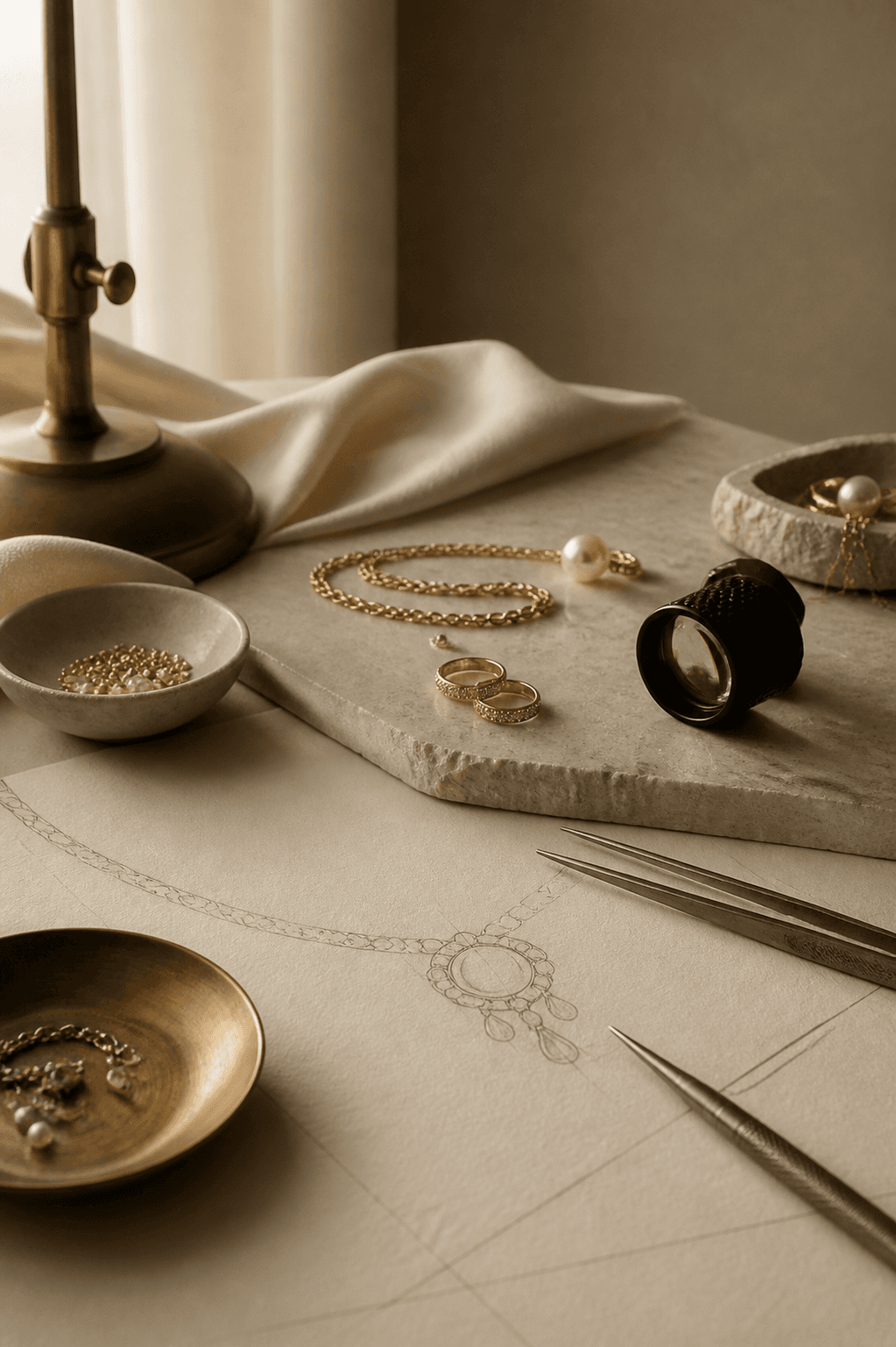 Atelier worktable with gold jewelry, pearls, sketch lines, and fine tools.