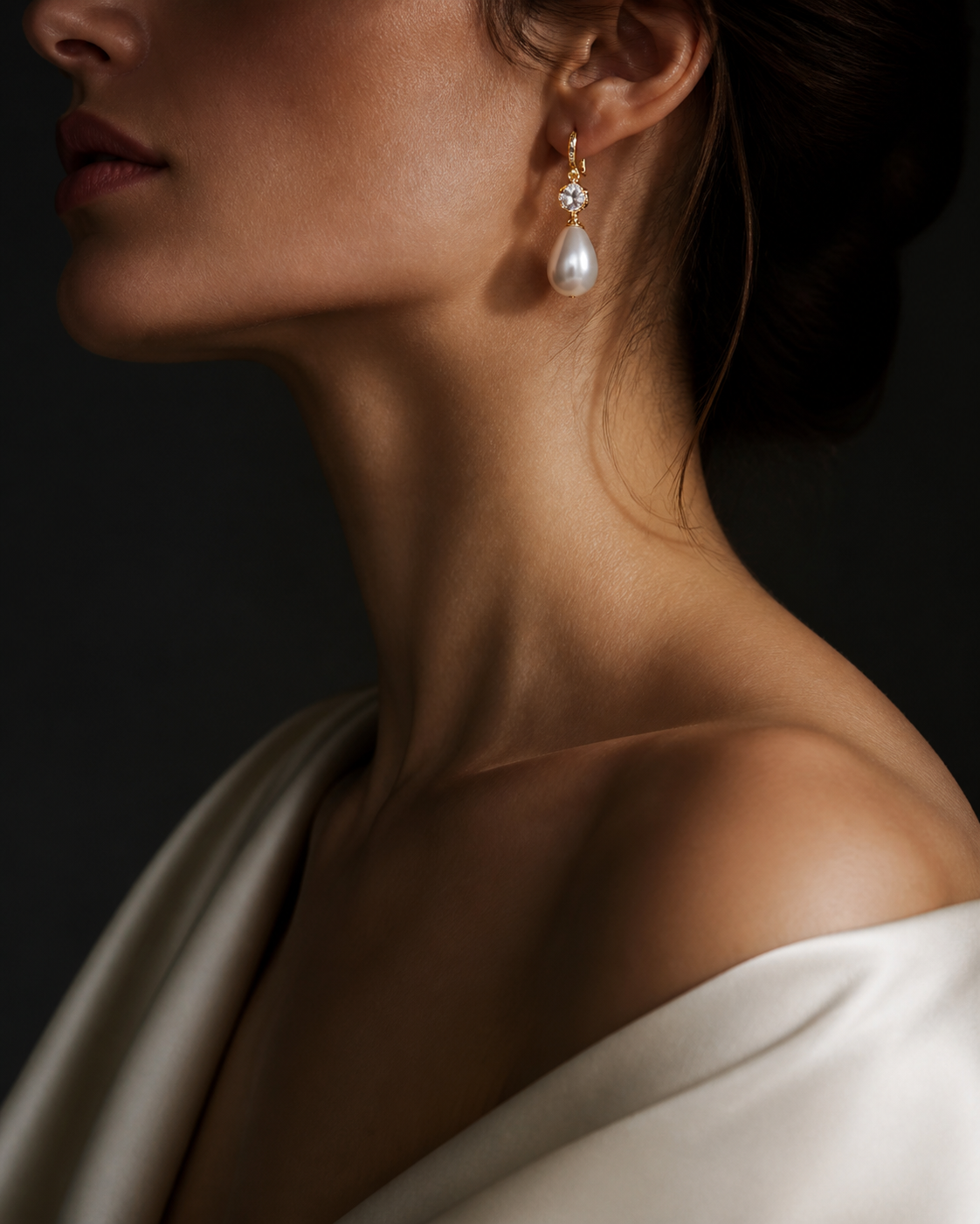 Pearl Drop Earrings photographed in an editorial jewelry setting.
