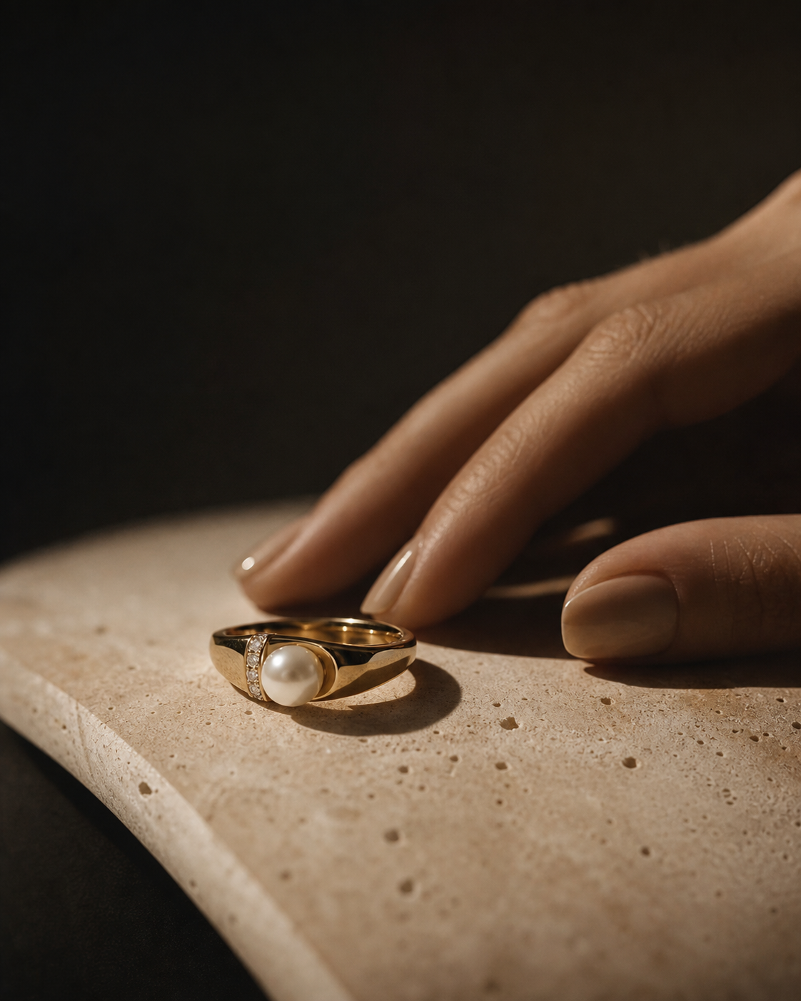 Close detail of gold rings with pearl in an editorial setting.
