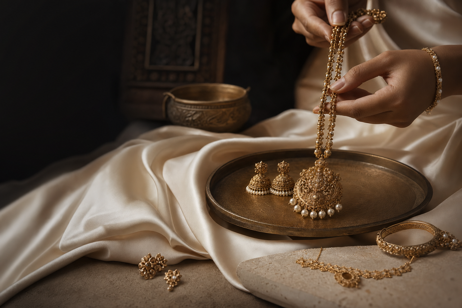 Traditional gold cultural jewelry arranged on silk and carved brass.