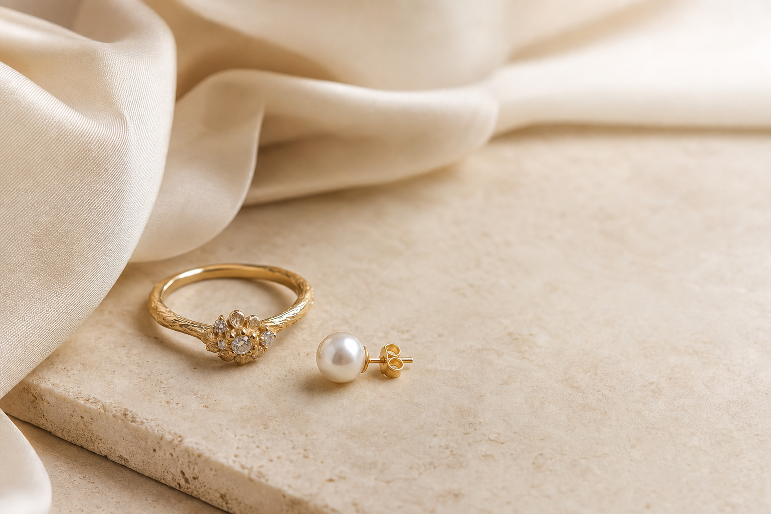 Pearl Signet Ring photographed on warm stone and silk.